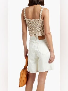 Sea New York Wilma Shirred Printed Cotton-Blend Matelassé Top In Cream